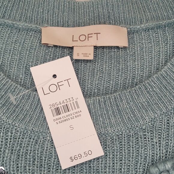 Ann Taylor Loft Blue Floral Appliqué Embroidered Sweater Puff Sleeve Small NWT - Picture 4 of 8